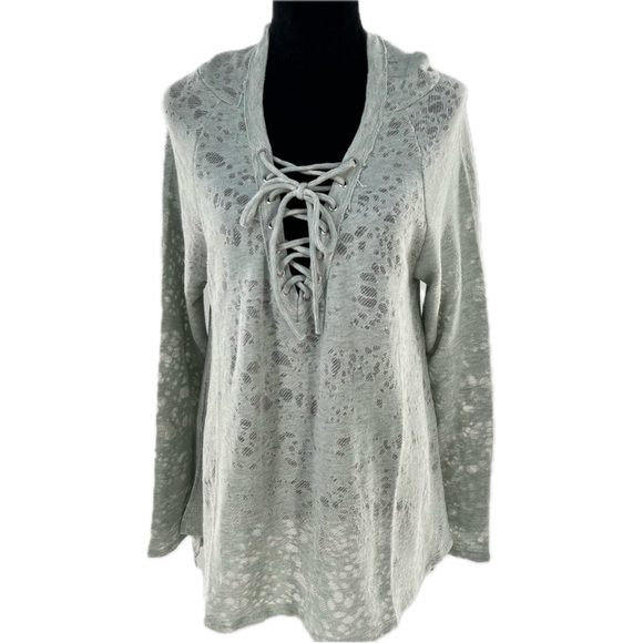 Anthropologie Maronie Lace Up V-Neck Hooded Top Distressed Sweater Size Medium - Picture 1 of 17